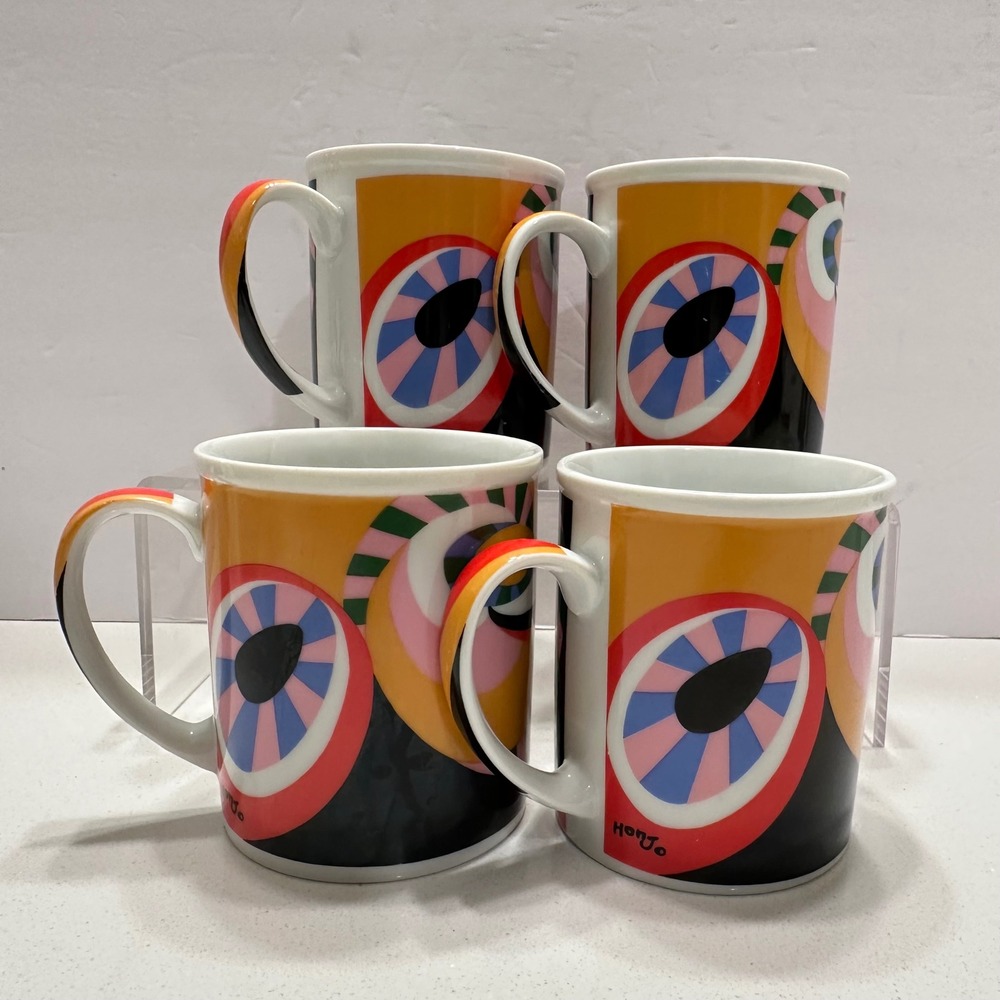 Vintage Shibata Honjo Japan Op Art Eye Mugs Set of 4 Mid Century Modern Pop Art - Picture 4 of 12